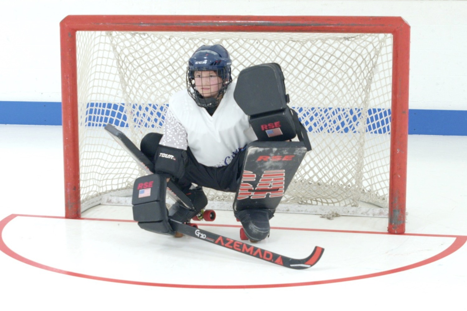 Goalie competing in a ball hockey league game at Skate City Sports in Colorado